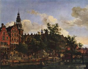 Вид oudezijds voorburgwal с аудекерк в амстердаме