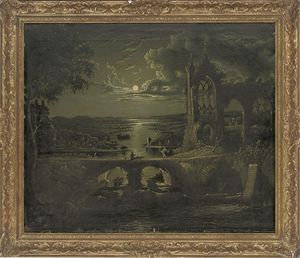 Un Luz de la luna vista de una Río con un Arruinado Abadía en primer plano y cifras en un Puente