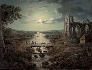 Ein moonlit ansicht von dem Fluss tweed mit melrose Abtei im vordergrund und figuren auf einer Brücke
