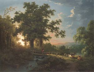A Wooded River Landscape, With A Faggot Gatherer On A Bridge, Cattle And Sheep