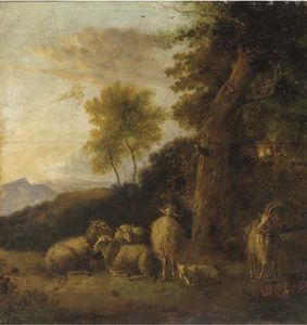 un paisaje boscoso con un Grupo de ovejas y cabras Descanso