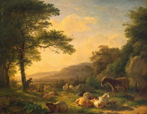 paesaggio con un gregge  di  pecore