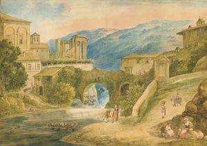 Tivoli avec le temple de Vesta, personnages au premier plan