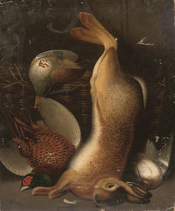 Ein Hase, Hahn Fasan und Schnepfe mit Rebhuhn in einem Korb