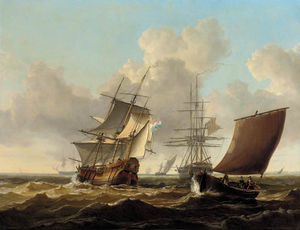 Un Néerlandais Merchantman et autres transports maritimes passant une frégate britannique ancré au large de la côte néerlandaise