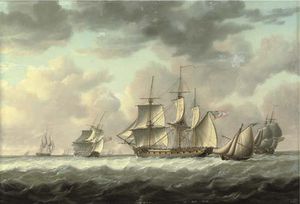 Una Fregata Heaving-to nel canale In mezzo altre navi della sua Squadron