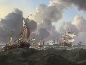Englisch Kriegsschiffe und Dutch Hoys in einer steifen Nordsee Breeze