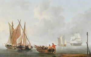 Fishermen And Boats With Two Sailing Ships Beyond