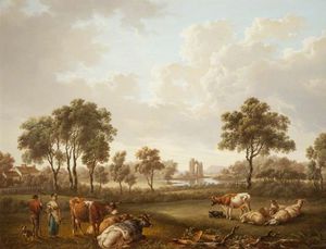 A 古典的 風景 と一緒に 図および 牛