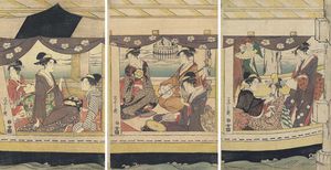 Un Gruppo Di cortigiane e Kamuro In una grande barca che giocano su tamburi e On The Shamisen