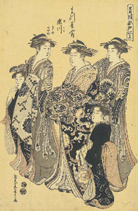 Die Kurtisane Segawa Of Matsubaya mit zwei Shinzo Und Zwei Kamuro