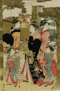 La courtisane Tokiwazu Of The Flâner Chojiya Avec Son Kamuro Et Autres préposés Sur Jour de l An