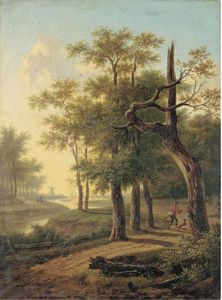 A Hunter And His Dog In A Wooded River Landscape, A Windmill And Boats Beyond