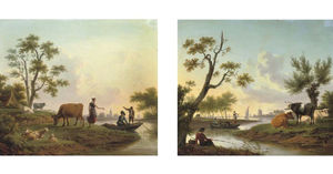 A Pastoral River Landscape With A Milkmaid Conversing With Two Men In A Boat