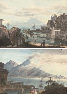 el sol Rotura a través de la nubes sobre el bahía de nápoles ; y cifras en el frente al mar en Nápoles