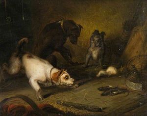 Drei Terriers mit zwei toten Ratten