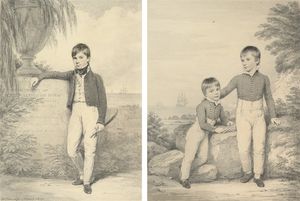 肖像，乔治·卡内基，主玫瑰山，小全长，他的右胳膊搭在底座上;和双肖像乔治卡内基，玫瑰山主