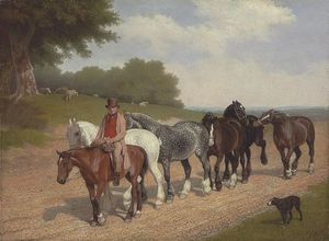 Ein Bräutigam mit einer Reihe von Zugpferde und ein Hund, auf einer Landstraße