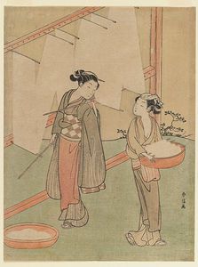 Young Girl And Servant Drying Japanese Fine Noodles