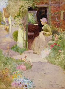 A Girl Sewing At The Door Of A Cottage