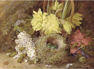 maggio blossom , Viole , Primule , Narcisi in un Di vimini Cestino , e le uova in un Bird's Nido , su un Muschioso Banca