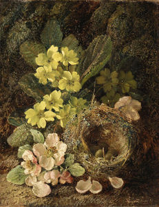 Primroses And Bird's Nest On A Mossy Bank