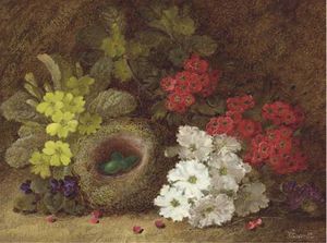 Still Life Of Primroses, Primulas, Pansies, A Bird's Nest And Eggs On A Mossy Bank