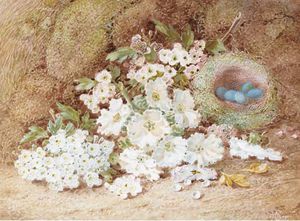 Still Life With Blossom And Flowers On A Mossy Bank