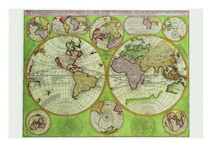 Coronelli stereografica Mappa del mondo con inserti di proiezioni polari