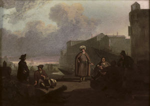 Un puerto italiano con los comerciantes que conversan en un muelle