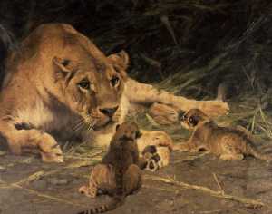 雌ライオンと彼女のカブス