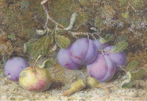 Prunes, une pomme et noisettes sur une banque Mossy