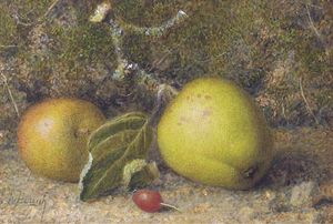 Still-life Of Apples On A Mossy Bank With A Rosehip
