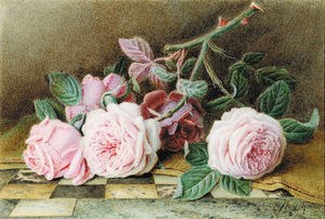 Still-life Of Pink Roses On A Marble Topped Table