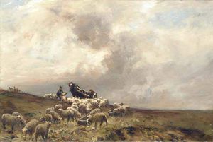 A Shepherd And His Sheep In A Moorland Landscape
