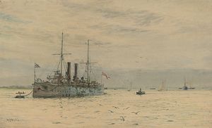 A Royal Navy Armoured-cruiser Lying On Her Mooring