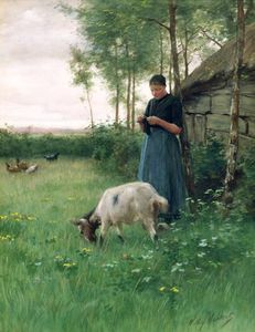 A Dutch Girl With Goat And Chickens