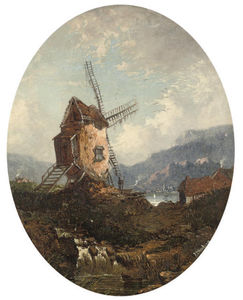 Ein Windmühle Außer a see , in ein lackierte oval