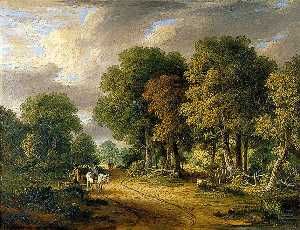 una veduta attraverso gli alberi con una Cavaliere e altri Figure , bovini e ovini