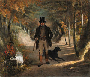 A Sportsman With Gundogs On A Woodland Path
