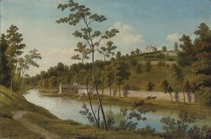 A Wooded River Landscape With A Mill, A Stately Home On A Hill Beyond