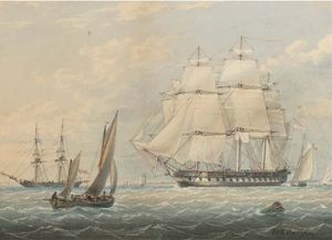 A Royal Naval Frigate Amidst Other Shipping At Spithead