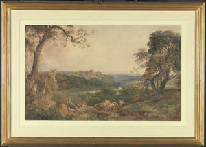 Castle Above A River, Woodcutters In The Foreground