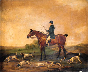 une Chasseur  et  chiens de chasse  dans  une  boisé  Paysage