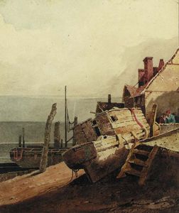 A Beached Fishing Vessel, With Fishermen Beyond