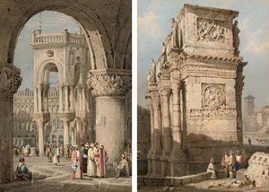 l arc de st Mark's , Venise , avec sihouettes en oriental costume en au premier plan ; et le arc de Constantine , Rome