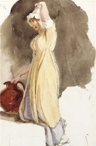  一个年轻的 女性 携带 一个  瓶 的  水