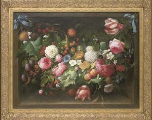 Pivoines, roses, delphiniums, coquelicots et autres fleurs, sur une corniche