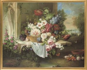 Roses, Peonies, Daisies And Other Flowers In A Basket, On A Ledge, A Landscape Beyond