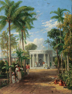 un indio jardín escena con el europeo e india Cifras por una mausoleo clásica